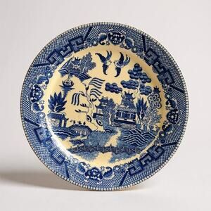 Vintage Blue Willow Japan Flow Blue Medium Plate / Saucer 9" EUC Replacement